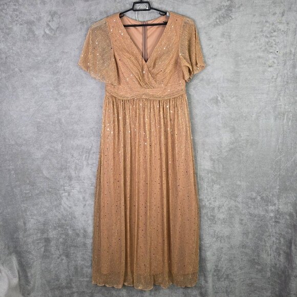 Womens Unit Horse Sequin Embellished Gold Maxi Dress Short Sleeves V Neck XXL - Picture 2 of 10